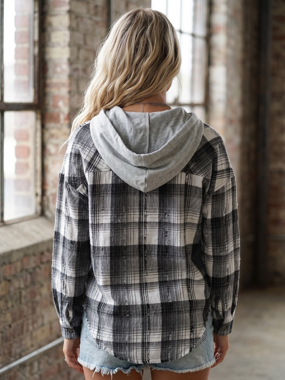 NWT Very J Distressed Button Down 90’s Grunge Flannel Hoodie Plaid Hooded Jacket - Picture 4 of 8